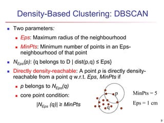 Density-Based Clustering: DBSCAN 
 Two parameters: 
 Eps: Maximum radius of the neighbourhood 
 MinPts: Minimum number of points in an Eps-neighbourhood 
of that point 
 NEps(p): {q belongs to D | dist(p,q) ≤ Eps} 
 Directly density-reachable: A point p is directly density-reachable 
from a point q w.r.t. Eps, MinPts if 
 p belongs to NEps(q) 
 core point condition: 
|NEps (q)| ≥ MinPts 
MinPts = 5 
Eps = 1 cm 
p 
q 
9 
 