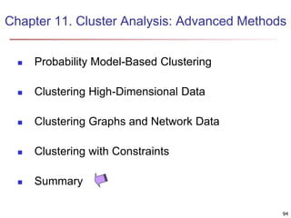 Chapter 11. Cluster Analysis: Advanced Methods 
94 
 Probability Model-Based Clustering 
 Clustering High-Dimensional Data 
 Clustering Graphs and Network Data 
 Clustering with Constraints 
 Summary 
 