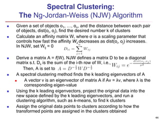 Spectral Clustering: 
The Ng-Jordan-Weiss (NJW) Algorithm 
 Given a set of objects o1, …, on, and the distance between ea...