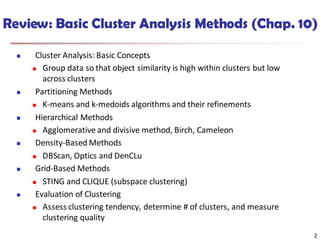 2
Review: Basic Cluster Analysis Methods (Chap. 10)
 Cluster Analysis: Basic Concepts
 Group data so that object similarity is high within clusters but low
across clusters
 Partitioning Methods
 K-means and k-medoids algorithms and their refinements
 Hierarchical Methods
 Agglomerative and divisive method, Birch, Cameleon
 Density-Based Methods
 DBScan, Optics and DenCLu
 Grid-Based Methods
 STING and CLIQUE (subspace clustering)
 Evaluation of Clustering
 Assess clustering tendency, determine # of clusters, and measure
clustering quality
2
 