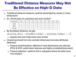Traditional Distance Measures May Not
Be Effective on High-D Data
 Traditional distance measure could be dominated by noises in many
dimensions
 Ex. Which pairs of customers are more similar?
 By Euclidean distance, we get,
 despite Ada and Cathy look more similar
 Clustering should not only consider dimensions but also attributes
(features)
 Feature transformation: effective if most dimensions are relevant
(PCA & SVD useful when features are highly correlated/redundant)
 Feature selection: useful to find a subspace where the data have
nice clusters
27
 