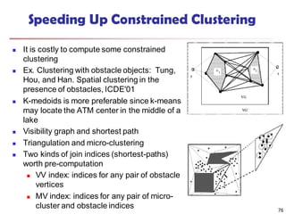76
Speeding Up Constrained Clustering
 It is costly to compute some constrained
clustering
 Ex. Clustering with obstacle objects: Tung,
Hou, and Han. Spatial clustering in the
presence of obstacles, ICDE'01
 K-medoids is more preferable since k-means
may locate the ATM center in the middle of a
lake
 Visibility graph and shortest path
 Triangulation and micro-clustering
 Two kinds of join indices (shortest-paths)
worth pre-computation
 VV index: indices for any pair of obstacle
vertices
 MV index: indices for any pair of micro-
cluster and obstacle indices
 