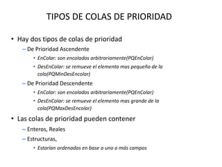 TIPOS DE COLAS DE PRIORIDAD
• Hay dos tipos de colas de prioridad
– De Prioridad Ascendente
• EnColar: son encolados arbitrariamente(PQEnColar)
• DesEnColar: se remueve el elemento mas pequeño de la
cola(PQMinDesEncolar)
– De Prioridad Descendente
• EnColar: son encolados arbitrariamente(PQEnColar)
• DesEnColar: se remueve el elemento mas grande de la
cola(PQMaxDesEncolar)
• Las colas de prioridad pueden contener
– Enteros, Reales
– Estructuras,
• Estarían ordenadas en base a uno o más campos
 