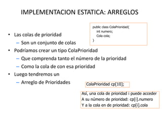 IMPLEMENTACION ESTATICA: ARREGLOS
• Las colas de prioridad
– Son un conjunto de colas
• Podríamos crear un tipo ColaPrioridad
– Que comprenda tanto el número de la prioridad
– Como la cola de con esa prioridad
• Luego tendremos un
– Arreglo de Prioridades
public class ColaPrioridad{
int numero;
Cola cola;
}
ColaPrioridad cp[10];
Así, una cola de prioridad i puede acceder
A su número de prioridad: cp[i].numero
Y a la cola en de prioridad: cp[i].cola
 
