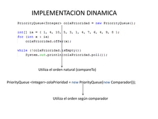 IMPLEMENTACION DINAMICA
Utiliza el orden natural (compareTo)
PriorityQueue <Integer> colaPrioridad = new PriorityQueue(new Comparador());
Utiliza el orden según comparador
 