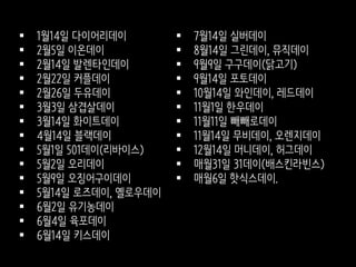  7월14일 실버데이
 8월14일 그린데이, 뮤직데이
 9월9일 구구데이(닭고기)
 9월14일 포토데이
 10월14일 와인데이, 레드데이
 11월1일 한우데이
 11월11일 빼빼로데이
 11월14일 무비데이, 오렌지데이
 12월14일 머니데이, 허그데이
 매월31일 31데이(배스킨라빈스)
 매월6일 핫식스데이.
 1월14일 다이어리데이
 2월5일 이온데이
 2월14일 발렌타인데이
 2월22일 커플데이
 2월26일 두유데이
 3월3일 삼겹살데이
 3월14일 화이트데이
 4월14일 블랙데이
 5월1일 501데이(리바이스)
 5월2일 오리데이
 5월9일 오징어구이데이
 5월14일 로즈데이, 옐로우데이
 6월2일 유기농데이
 6월4일 육포데이
 6월14일 키스데이
 