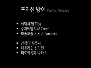  세탁세제 Tide
 충치예방치약 Crest
 뽀송뽀송 기저귀 Pampers
 간장약 우루사
 매운라면 신라면
 피로회복제 박카스
포지션 방어 Position Defense
 