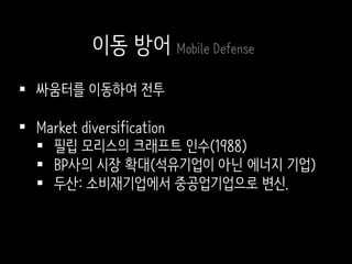  싸움터를 이동하여 전투
 Market diversification
 필립 모리스의 크래프트 인수(1988)
 BP사의 시장 확대(석유기업이 아닌 에너지 기업)
 두산: 소비재기업에서 중공업기업으로 변신.
이동 방어 Mobile Defense
 