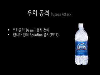  코카콜라 Dasani 출시 전에
 펩시가 먼저 Aquafina 출시(1997)
우회 공격 Bypass Attack
 