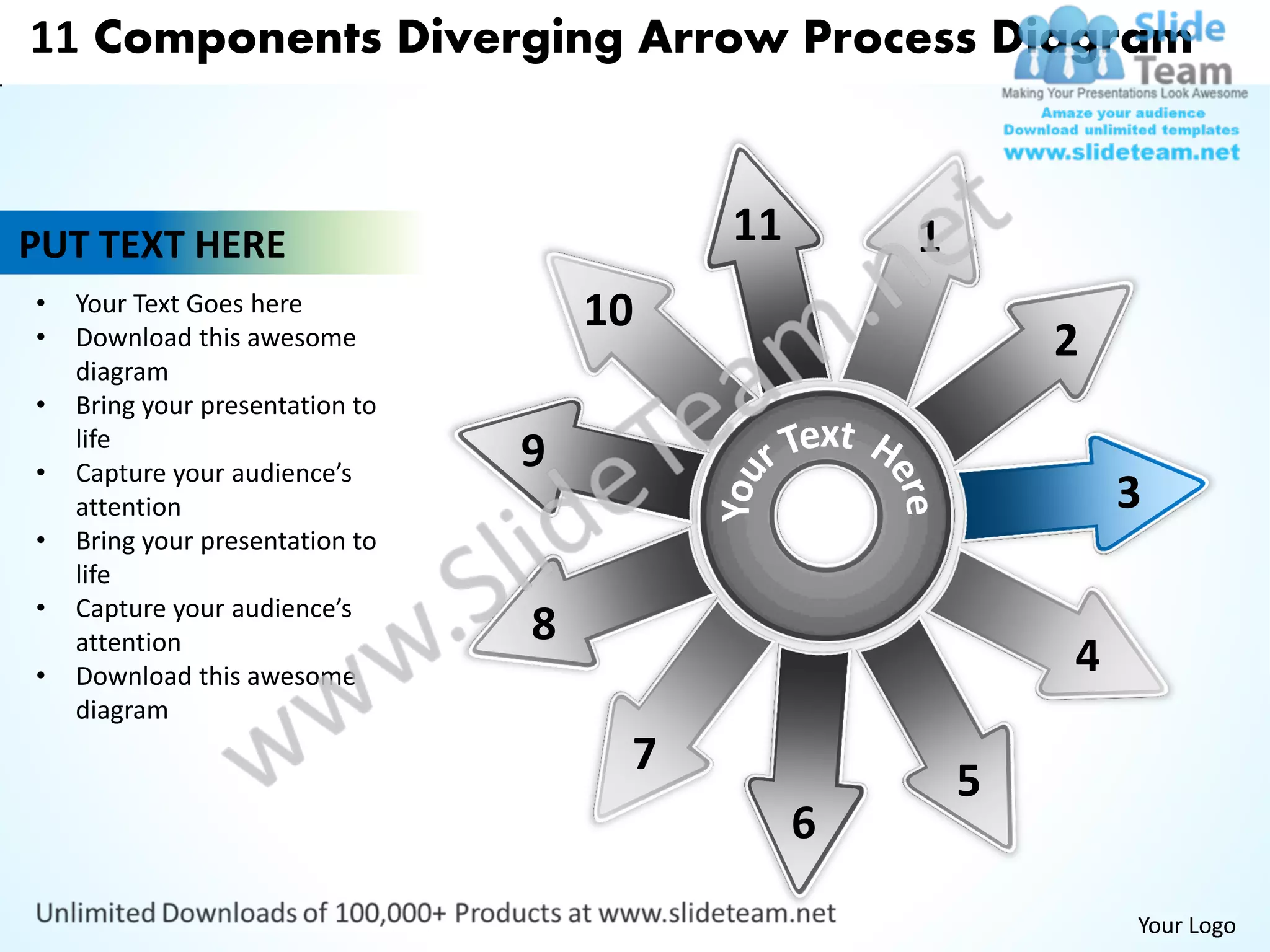 11 components diverging arrow process diagram circular flow layout ...