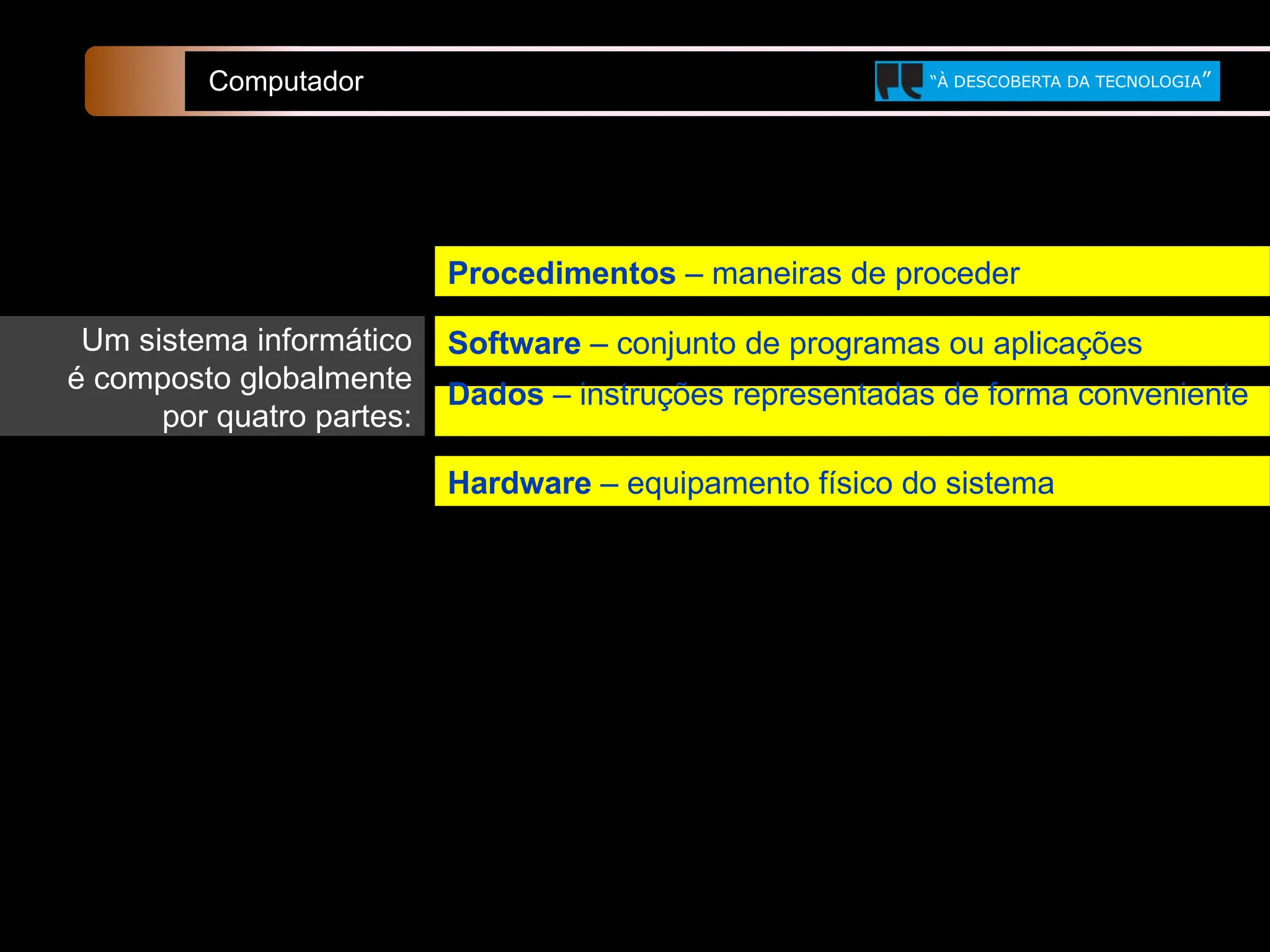 Um sistema informático
é composto globalmente
por quatro partes:
Software – conjunto de programas ou aplicações
Procedimentos – maneiras de proceder
Computador “À DESCOBERTA DA TECNOLOGIA”
Dados – instruções representadas de forma conveniente
Hardware – equipamento físico do sistema
 