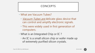 CONCEPTS
• What are Vacuum Tubes?
• Vacuum Tubes are delicate glass device that
can control and amplify electronic signals.
• This were widely used in first generation of
computers.
• What is an Integrated Chip or IC ?
• An IC is a small silicon chip or wafer made up
of extremely purified silicon crystals.
24
 