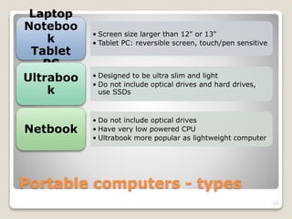 Portable computers - types
• Screen size larger than 12" or 13"
• Tablet PC: reversible screen, touch/pen sensitive
Laptop
Noteboo
k
Tablet
PC
• Designed to be ultra slim and light
• Do not include optical drives and hard drives,
use SSDs
Ultraboo
k
• Do not include optical drives
• Have very low powered CPU
• Ultrabook more popular as lightweight computer
Netbook
13
 