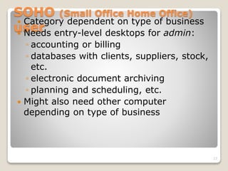 SOHO (Small Office Home Office)
user
 Category dependent on type of business
 Needs entry-level desktops for admin:
◦ accounting or billing
◦ databases with clients, suppliers, stock,
etc.
◦ electronic document archiving
◦ planning and scheduling, etc.
 Might also need other computer
depending on type of business
17
 