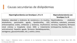 Causas secundarias de dislipidemias
Hipertrigliceridemia con fenotipos I, IV o V Hipercolesterolemia con
fenotipos II o III
Diabetes, obesidad y síndrome de resistencia a la insulina,
alcoholismo, pancreatitis aguda, lipodistrofias, LED,
anticonceptivos orales, embarazo y lactancia, insuficiencia
renal crónica y trasplante renal, SIDA y tratamiento
antirretroviral, hepatitis aguda, fármacos (betabloqueantes,
estrógenos, glucocorticoides, etc.), estrés y otros.
Hipotiroidismo, síndrome
nefrótico, colestasis, anorexia
nerviosa, hepatoma, fármacos
(ciclosporina, tiazidas, etc.).
Real J, Ascaso J. Metabolismo lipídico y clasificación de las hiperlipemias. Elseiver. Dislipemias. páginas 3-9. España. Mayo. 2021. DOI:
10.1016/j.arteri.2020.12.008
 