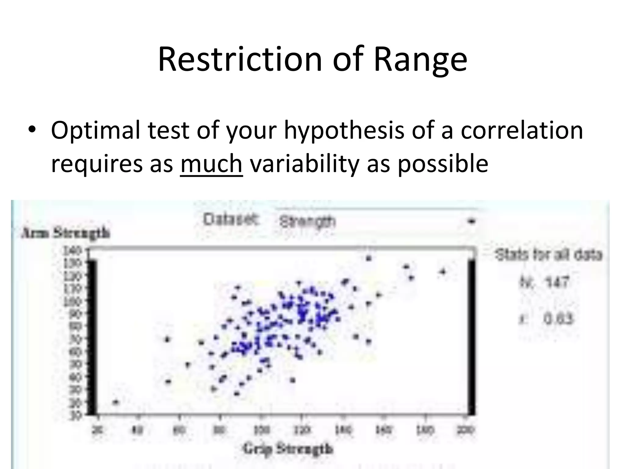Restriction of Range
• Optimal test of your hypothesis of a correlation
  requires as much variability as possible
 