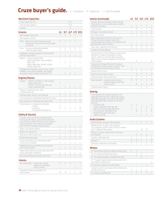 Cruze buyer’s guide.                                               S = Standard   O = Optional       — = Not Available

Maximum Capacities                                                                   Interior (continued)                                 LS 1LT 2LT LTZ ECO
 Cargo volume (cu. ft.)1                                          15.4                Console, center with sliding armrest, storage,
 Fuel tank (gal. approx.)                                         15.6                front and rear 12-volt auxiliary power outlets,
                                                                                      and dual cup holders                                S    S    S     S     S
 Seating                                                           5
                                                                                      Cruise control                                      –    O4   S     S     O4
Exterior                                                LS 1LT 2LT LTZ ECO            Defogger: rear window, electric                     S    S    S     S     S
 Door handles: body-color                               S    S     S     –   S        Door locks: power                                   S    S    S     S     S
 Door handles: chrome                                   –    –     –     S   –        Driver Information Center: Oil-Life and Tire
                                                                                      Pressure Monitors (excludes spare tire),
 Grille: – Black insert with chrome surround            S    S     S     S   –        outside temperature display, trip odometer and
         – Unique front fascia and lower front grille                                 programmable menu functions                         S    S    S     S     S
           air shutter                                  –    –     –     –   S
                                                                                      Floor mats: carpeted, front and rear                O    S    S     S     S
 Glass: – acoustic laminated windshield                 S    S     S     S   S
         – Solar-Ray light-tinted                       S    S     S     S   S        Ambient LED back lighting                           S    S    S     S     S
 Headlamps: halogen composite with Automatic                                          Connectivity Plus Cruise Package: cruise control,
 Exterior Lamp Control                                  S    S     S     S   S        Bluetooth® wireless technology8 for select
                                                                                      phones, USB port,10 steering wheel-mounted
 Mirrors: – manual-folding, Black                       S    –     –     –   –        audio controls, leather-wrapped shift knob and
           – power-adjustable, manual-folding,                                        steering wheel                                      –    O    –     –     O
              body-color                                –    S     S     –   S
           – power-adjustable, heated, manual-                                        Connectivity Package: Bluetooth® wireless
              folding, body-color                       –    –     O2    S   –        technology 8 for select phones, USB port 10 and
                                                                                      steering wheel-mounted audio controls               O    –    –     –     –
 RS Appearance Package: unique fascias, rocker
 moldings, rear spoiler, foglamps, and uplevel                                        Remote Keyless Entry                                S    S    S     S     S
 instrument cluster (cluster standard on LTZ)           –    0     0     0   –        Remote vehicle starter system                       –    O2   S     S     O2
Engines/Chassis                                                                       Steering column: tilt and telescopic                S    S    S     S     S
 Engines: – ECOTEC 1.8L DOHC I-4 with Variable                                        Steering wheel: – mounted audio controls            O9   O4   S     S     O4
             Valve Timing (VVT)                         S    –     –     –   –                         – leather-wrapped, with Polar
           – ECOTEC 1.4L Turbo with VVT and                                                              Silver Accents                   –    04   S     S     04
             water-cooled bearings                      –    S     S     S   S        Sunroof: power, sliding                             –    –    O     O     –
 Battery: maintenance-free, with
 rundown protection                                     S    S     S     S   S       Seating
 Steering: power, electric, rack-mounted                S    S     S     S   S        Front buckets with reclining seatbacks and
                                                                                      adjustable head restraints; eight-way manual-
 Front suspension: independent MacPherson struts        S    S     S     S   S        adjustable passenger, rear 60/40 split-folding
 Rear suspension: compound crank with Z-link            S    S     S     S   O3       with adjustable head restraints for all three
                                                                                      positions
 Transmissions, six-speed with overdrive:                                              – Premium Cloth                                    S    S    –     –     S
                – manual                                S    –     –     –   –         – Leather-appointed front and rear                 –    –    S     S     –
                – automatic                             O    S     S     S   O4        – Eight-way manual-adjustable driver               S    S    –     –     S
                – manual with ECO gear set              –    –     –     –   S         – Six-way power-adjustable driver                  –    O2   S     S     O2
                                                                                       – Heated front seats with three
Safety & Security                                                                        warmth settings                                  –    –    S     S     –
 Air bags:5 driver and front passenger frontal;
 front seat side-impact, rear seat-mounted and                                       Audio Systems
 roof rail head-curtain for front and rear outboard                                   AM/FM stereo, CD player, MP3 playback               S    S    S     S     S
 seating positions; driver and front passenger
 knee; includes Passenger Sensing System                S    S     S     S   S        AM/FM stereo, CD player, MP3 playback,
                                                                                      GPS navigation system11 with hard drive memory
 Brakes: four-wheel antilock                            S    S     S     S   S        and 7" diagonal color display                       –    –    O12   O12   –
 Brakes: four-wheel disc                                –    –     O6    S   –        Pioneer® premium audio system: 250-watt,
 Door locks: child security, rear                       S    S     S     S   S        nine-speaker                                        –    O    O     0     –
 Daytime Running Lamps                                  S    S     S     S   S        Auxiliary audio input jack                          S    S    S     S     S
 OnStar7 with Directions & Connections Plan                                           USB port 10                                         O9   O4   S     S     O4
 for the first six months                               S    S     S     S   S        XM Radio:13 with three trial months                 S    S    S     S     S
 StabiliTrak Electronic Stability Control System
 with Traction Control                                  S    S     S     S   S       Wheels
 Vehicle theft-deterrent system with anti-theft                                       16" steel wheels with Silver-painted wheel covers   S    S    –     –     –
 alarm and engine immobilizer                           S    S     S     S   S
                                                                                      16" five-spoke machined-face alloy                  –    O    S     –     –
 Tire Pressure Monitor (excludes spare tire)            S    S     S     S   S
                                                                                      17" five-spoke flangeless machined-face alloy       –    –    O     –     –
Interior                                                                              17" 15-spoke forged-aluminum wheels with ultra-
                                                                                      low-rolling resistance tires                        –    –    –     –     S
 Air conditioning: – single zone, manual                S    S     S     –   S
                   – single zone, automatic                                           18" split five-spoke Silver-painted alloy           –    –    –     S     –
                     climate control                    –    –     –     S   –        Compact spare tire and spare wheel; includes jack
 Bluetooth® wireless technology 8 for                                                 and lug nut wrench                                  O    O    O     O     –
 select phones                                          O9   O4    S     S   O4       Tire sealant and inflator kit                       S    S    S     S     S




   Learn more about Cruze at chevy.com/cruze.
 