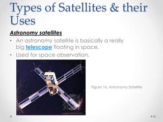 Types of Satellites & their
Uses
Astronomy satellites
• An astronomy satellite is basically a really
big telescope floating in space.
• Used for space observation.
•

•

Figure 16. Astronomy Satellite

30

 