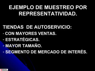 EJEMPLO DE MUESTREO POR
     REPRESENTATIVIDAD.

TIENDAS DE AUTOSERVICIO:
- CON MAYORES VENTAS.
- ESTRATÉGICAS.
- MAYOR TAMAÑO.
- SEGMENTO DE MERCADO DE INTERÉS.
 