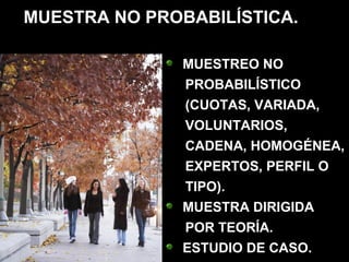 MUESTRA NO PROBABILÍSTICA.

               MUESTREO NO
               PROBABILÍSTICO
               (CUOTAS, VARIADA,
               VOLUNTARIOS,
               CADENA, HOMOGÉNEA,
               EXPERTOS, PERFIL O
               TIPO).
               MUESTRA DIRIGIDA
               POR TEORÍA.
               ESTUDIO DE CASO.
 