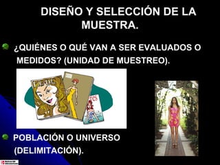 DISEÑO Y SELECCIÓN DE LA
           MUESTRA.
¿QUIÉNES O QUÉ VAN A SER EVALUADOS O
MEDIDOS? (UNIDAD DE MUESTREO).




POBLACIÓN O UNIVERSO
(DELIMITACIÓN).
 