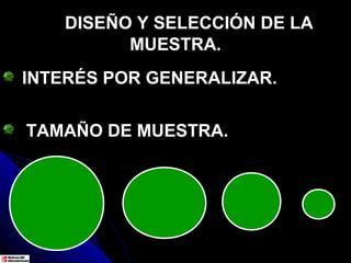 DISEÑO Y SELECCIÓN DE LA
          MUESTRA.
INTERÉS POR GENERALIZAR.


TAMAÑO DE MUESTRA.
 