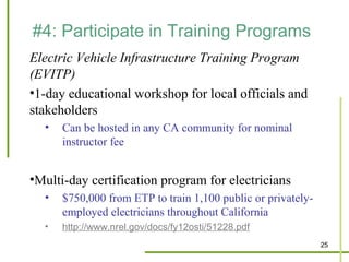 #4: Participate in Training Programs
Electric Vehicle Infrastructure Training Program
(EVITP)
•1-day educational workshop for local officials and
stakeholders
  •   Can be hosted in any CA community for nominal
      instructor fee


•Multi-day certification program for electricians
  •   $750,000 from ETP to train 1,100 public or privately-
      employed electricians throughout California
  •   http://www.nrel.gov/docs/fy12osti/51228.pdf
                                                              25
 