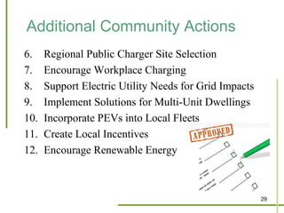 Additional Community Actions
6.    Regional Public Charger Site Selection
7.    Encourage Workplace Charging
8.    Support Electric Utility Needs for Grid Impacts
9.    Implement Solutions for Multi-Unit Dwellings
10.   Incorporate PEVs into Local Fleets
11.   Create Local Incentives
12.   Encourage Renewable Energy



                                                        29
 