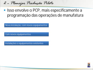 2 – Planejar Produção Piloto
 Isso envolve o PCP, mais especificamente a
  programação das operações de manufatura

Nova instalação, com novos equipamentos


Com novos equipamentos


Instalações e equipamentos existentes
 