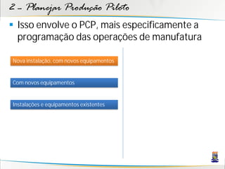 2 – Planejar Produção Piloto
 Isso envolve o PCP, mais especificamente a
  programação das operações de manufatura

Nova instalação, com novos equipamentos


Com novos equipamentos


Instalações e equipamentos existentes
 