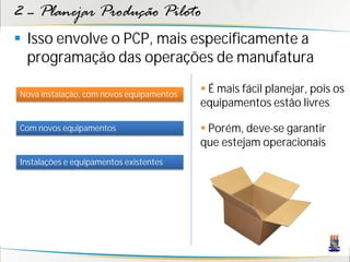 2 – Planejar Produção Piloto
 Isso envolve o PCP, mais especificamente a
  programação das operações de manufatura

Nova instalação, com novos equipamentos
                                           É mais fácil planejar, pois os
                                          equipamentos estão livres

Com novos equipamentos                     Porém, deve-se garantir
                                          que estejam operacionais
Instalações e equipamentos existentes
 