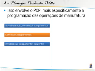 2 – Planejar Produção Piloto
 Isso envolve o PCP, mais especificamente a
  programação das operações de manufatura

Nova instalação, com novos equipamentos


Com novos equipamentos


Instalações e equipamentos existentes
 