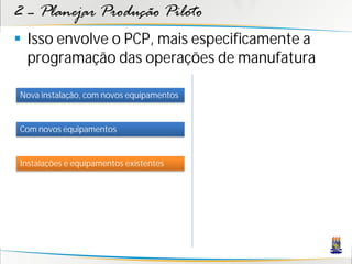 2 – Planejar Produção Piloto
 Isso envolve o PCP, mais especificamente a
  programação das operações de manufatura

Nova instalação, com novos equipamentos


Com novos equipamentos


Instalações e equipamentos existentes
 