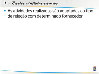 3 – Receber e instalar recursos
 As atividades realizadas são adaptadas ao tipo
  de relação com determinado fornecedor
 