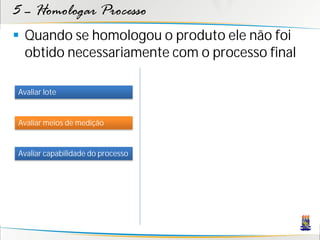 5 – Homologar Processo
 Quando se homologou o produto ele não foi
  obtido necessariamente com o processo final

Avaliar lote


Avaliar meios de medição


Avaliar capabilidade do processo
 