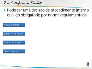 7 – Certificar o Produto
 Pode ser uma decisão de procedimento interno
  ou algo obrigatório por norma regulamentada

Avaliar a norma


Submeter ao cliente


Avaliar os serviços


Obter documentos
 