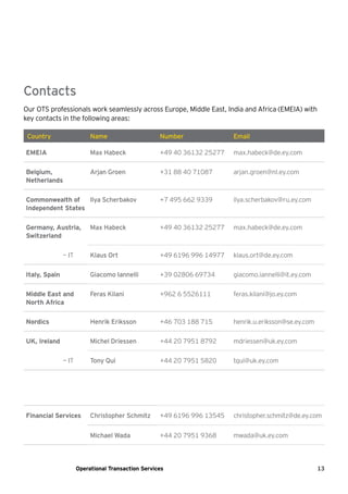 13Operational Transaction Services
Country Name Number Email
EMEIA Max Habeck +49 40 36132 25277 max.habeck@de.ey.com
Belgium,
Netherlands
Arjan Groen +31 88 40 71087 arjan.groen@nl.ey.com
Commonwealth of
Independent States
Ilya Scherbakov +7 495 662 9339 ilya.scherbakov@ru.ey.com
Germany, Austria,
Switzerland
Max Habeck +49 40 36132 25277 max.habeck@de.ey.com
— IT Klaus Ort +49 6196 996 14977 klaus.ort@de.ey.com
Italy, Spain Giacomo Iannelli +39 02806 69734 giacomo.iannelli@it.ey.com
Middle East and
North Africa
Feras Kilani +962 6 5526111 feras.kilani@jo.ey.com
Nordics Henrik Eriksson +46 703 188 715 henrik.u.eriksson@se.ey.com
UK, Ireland Michel Driessen +44 20 7951 8792 mdriessen@uk.ey.com
— IT Tony Qui +44 20 7951 5820 tqui@uk.ey.com
Financial Services Christopher Schmitz +49 6196 996 13545 christopher.schmitz@de.ey.com
Michael Wada +44 20 7951 9368 mwada@uk.ey.com
Contacts
Our OTS professionals work seamlessly across Europe, Middle East, India and Africa (EMEIA) with
key contacts in the following areas:
 