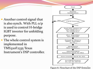  Another control signal that
is also synch. With PLL o/p
is used to control H-bridge
IGBT inverter for unfolding
purpose.
 The whole control system is
implemented in
TMS320F2335 Texas
Instrument’s DSP controller.
Figure 8. Flowchart of the DSP firmware
21
 