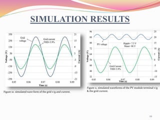 SIMULATION RESULTS
Figure 10. simulated wave form of the grid v/g and current.
Figure 11. simulated waveforms of the PV module terminal v/g
& the grid current.
22
 