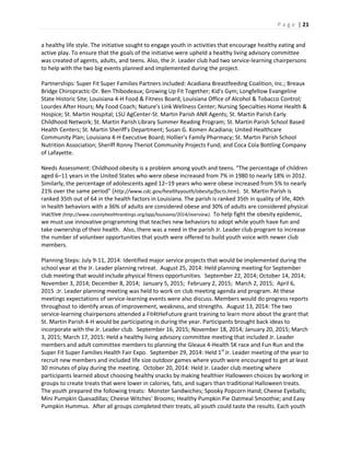 P a g e | 21
a healthy life style. The initiative sought to engage youth in activities that encourage healthy eating and
active play. To ensure that the goals of the initiative were upheld a healthy living advisory committee
was created of agents, adults, and teens. Also, the Jr. Leader club had two service-learning chairpersons
to help with the two big events planned and implemented during the project.
Partnerships: Super Fit Super Families Partners included: Acadiana Breastfeeding Coalition, Inc.; Breaux
Bridge Chiropractic-Dr. Ben Thibodeaux; Growing Up Fit Together; Kid's Gym; Longfellow Evangeline
State Historic Site; Louisiana 4-H Food & Fitness Board; Louisiana Office of Alcohol & Tobacco Control;
Lourdes After Hours; My Food Coach; Nature's Link Wellness Center; Nursing Specialties Home Health &
Hospice; St. Martin Hospital; LSU AgCenter-St. Martin Parish ANR Agents; St. Martin Parish Early
Childhood Network; St. Martin Parish Library Summer Reading Program; St. Martin Parish School Based
Health Centers; St. Martin Sheriff's Department; Susan G. Komen Acadiana; United Healthcare
Community Plan; Louisiana 4-H Executive Board; Hollier's Family Pharmacy; St. Martin Parish School
Nutrition Association; Sheriff Ronny Theriot Community Projects Fund; and Coca Cola Bottling Company
of Lafayette.
Needs Assessment: Childhood obesity is a problem among youth and teens. “The percentage of children
aged 6–11 years in the United States who were obese increased from 7% in 1980 to nearly 18% in 2012.
Similarly, the percentage of adolescents aged 12–19 years who were obese increased from 5% to nearly
21% over the same period” (http://www.cdc.gov/healthyyouth/obesity/facts.htm). St. Martin Parish is
ranked 35th out of 64 in the health factors in Louisiana. The parish is ranked 35th in quality of life, 40th
in health behaviors with a 36% of adults are considered obese and 30% of adults are considered physical
inactive (http://www.countyhealthrankings.org/app/louisiana/2014/overview). To help fight the obesity epidemic,
we must use innovative programming that teaches new behaviors to adopt while youth have fun and
take ownership of their health. Also, there was a need in the parish Jr. Leader club program to increase
the number of volunteer opportunities that youth were offered to build youth voice with newer club
members.
Planning Steps: July 9-11, 2014: Identified major service projects that would be implemented during the
school year at the Jr. Leader planning retreat. August 25, 2014: Held planning meeting for September
club meeting that would include physical fitness opportunities. September 22, 2014; October 14, 2014;
November 3, 2014; December 8, 2014; January 5, 2015; February 2, 2015; March 2, 2015; April 6,
2015 :Jr. Leader planning meeting was held to work on club meeting agenda and program. At these
meetings expectations of service-learning events were also discuss. Members would do progress reports
throughout to identify areas of improvement, weakness, and strengths. August 13, 2014: The two
service-learning chairpersons attended a Fit4tHeFuture grant training to learn more about the grant that
St. Martin Parish 4-H would be participating in during the year. Participants brought back ideas to
incorporate with the Jr. Leader club. September 16, 2015; November 18, 2014; January 20, 2015; March
3, 2015; March 17, 2015: Held a healthy living advisory committee meeting that included Jr. Leader
members and adult committee members to planning the Gleaux 4-Health 5K race and Fun Run and the
Super Fit Super Families Health Fair Expo. September 29, 2014: Held 1st
Jr. Leader meeting of the year to
recruit new members and included life size outdoor games where youth were encouraged to get at least
30 minutes of play during the meeting. October 20, 2014: Held Jr. Leader club meeting where
participants learned about choosing healthy snacks by making healthier Halloween choices by working in
groups to create treats that were lower in calories, fats, and sugars than traditional Halloween treats.
The youth prepared the following treats: Monster Sandwiches; Spooky Popcorn Hand; Cheese Eyeballs;
Mini Pumpkin Quesadillas; Cheese Witches’ Brooms; Healthy Pumpkin Pie Oatmeal Smoothie; and Easy
Pumpkin Hummus. After all groups completed their treats, all youth could taste the results. Each youth
 