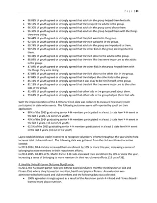 P a g e | 31
 98.08% of youth agreed or strongly agreed that adults in the group helped them feel safe.
 98.15% of youth agreed or strongly agreed that they respect the adults in the group.
 96.30% of youth agreed or strongly agreed that adults in the group cared about them.
 96.30% of youth agreed or strongly agreed that adults in the group helped them with the things
they were doing.
 94.44% of youth agreed or strongly agreed that they felt wanted in the group.
 92.45% of youth agreed or strongly agreed that they felt welcome in the group.
 90.74% of youth agreed or strongly agreed that adults in the group are important to them.
 90.57% of youth agreed or strongly agreed that the other kids in the group are important to
them.
 90.38% of youth agreed or strongly agreed that they felt close to the adults in the group.
 88.89% of youth agreed or strongly agreed that they felt like they were important to the adults
in the group.
 87.04% of youth agreed or strongly agreed that the other kids in the group helped them with
the things they were doing.
 87.04% of youth agreed or strongly agreed that they felt close to the other kids in the group.
 87.04% of youth agreed or strongly agreed that they helped the other kids in the group.
 85.19% of youth agreed or strongly agreed that it was okay to be him/herself in the group.
 81.13% of youth agreed or strongly agreed that they felt like they were important to the other
kids in the group.
 81.48% of youth agreed or strongly agreed that other kids in the group cared about them.
 79.63% of youth agreed or strongly agreed that other kids in the group helped them feel safe.
With the implementation of the 4-H Honor Cord, data was collected to measure how many youth
participated in state wide events. The following outcomes were self-reported by youth on their
application:
 88% of the 2013 graduating senior 4-H members participated in a least 1 state level 4-H event in
the last 3 years. (22 out of 25 youth)
 40% of the 2014 graduating senior 4-H members participated in a least 1 state level 4-H event in
the last 3 years. (10 out of 25 youth)
 62.5% of the 2015 graduating senior 4-H members participated in a least 1 state level 4-H event
in the last 3 years. (10 out of 16 youth)
Laura established club leader incentives to recognize volunteers’ efforts throughout the year and to help
increase total club enrollment. The following data was gathered from the club enrollment incentive
contest:
In 2013-2014, 10 4-H clubs increased their enrollment by 10% or more this year, increasing a sense of
belonging to more members in their recruitment efforts.
In 2014-2015, 48.38% of St. Martin Parish 4-H clubs increased their enrollment by 10% or more this year,
increasing a sense of belonging to more members in their recruitment efforts. (15 out of 31).
B. Healthy Living Program Outcome Significance:
In 2011, the Ascension parish Food and Fitness Board conducted monthly meetings for a Food and
Fitness Club where they focused on nutrition, health and physical fitness. An evaluation was
administered to both board and club members and the following data was collected:
 100% agreed or strongly agreed as a result of the Ascension parish 4-H Food and Fitness Board I
learned more about nutrition.
 