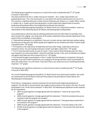 P a g e | 38
The following were significant outcomes as a result of her work on leadership with 7th
-12th
grade
4-H youth in 2013-2014:
The total enrollment for the Jr. Leader club was 61 members. 10 Jr. Leader club members are
graduating this year. This is the second year in a row where the club has had 10 seniors are more in it.
This outcome is significant because it shows that by instituting such things as a Jr. Leader officer retreat;
Jr. Leader trip; Jr. Leader service-learning projects; as well as give them opportunities to practice
leadership will positively affect club membership enrollment and retention.
As a result of leadership programming efforts, St. Martin Parish has 5 state board members. Youth are
represented on the Citizenship Board, SET Board, and Shooting Sports Ambassadors.
Laura performed an informal study by collecting statements from the 2013-2014 4-H portfolios that
were turned in for judging. I am using some of the quotes collected to show outcome significance in the
words of the 4-H members in the program:
• “I learned that teamwork is so important. If you are in a team and you make decisions without asking
the team you are bound to fail. When people work together we can combine each other’s talents to get
a beautiful result.” 10th
grader
• “4-H teaches us the importance of leadership and many other things. Leadership is the key to
everyone’s future. You aren’t going to become a leader overnight, it takes time.” 10th
grader
• “In 4-H I have learned to work as a part of a team. I never used to think that being a part of a team
was important, but now I know better. I know this will help me later in life, and I am thankful our leaders
and agents have taken the time to teach this to us.” 10th
grader
• “I’ve learned through my participation in the Jr. Leader club that listening is so important. During all
meetings, if you don’t listen to directions, you could get it all wrong and have a total misconception of
what was really meant. It is a life lesson. If you don’t listen, you could miss out on something extremely
important.” 11th
grader
The following were significant outcomes as a result of Laura’s work on leadership with 7th
-12th
grade
4-H youth in 2014-2015:
As a result of leadership programming efforts, St. Martin Parish has 6 state board members. Our youth
are represented on the SET Board, Food and Fitness Board, Executive Board, Fashion Board, and
Shooting Sports Ambassadors.
Youth Voice is recognized as a pivotal component of successful youth leadership development
programs. The life skill of communication was taught at various levels to the youth in the club. 23 youth
participated in the “Youth Voice Evaluation” in May 2014. The following was significant results reported
by the respondents:
 100 % of youth agreed or strongly agreed with the statement, “I want to be a part of this
program.”
 100% of youth agreed or strongly agreed with the statement, “I think the activities that we are
involved in with this program are valuable.”
 100% of youth agreed or strongly agreed with the statement, “I feel good about myself when I
am involved in this program.”
 100% of youth agreed or strongly agreed with the statement, “I trust the adults in this club”.
 95.65% of youth agreed or strongly agreed with the statement, “I am proud of the work we do
in this program”.
 