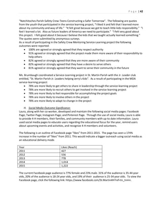P a g e | 42
“Natchitoches Parish-Safety Crew-Teens Constructing a Safer Tomorrow”. The following are quotes
from the youth that participated in the service learning project, “I liked it and felt that I learned more
about my community and way of life.” “It felt great because we got to teach little kids responsibility.” “I
feel I learned a lot. Also as future leaders of America we need to participate.” “I felt very good about
this project. I felt good about it because I believe the kids that we taught actually learned something.”
The quotes were submitted by anonymous surveys.
As a result of participating in the Safety Crew Mentoring Service-Learning project the following
outcomes were reported:
 100% are agreed or strongly agreed that they respect authority
 91% agreed or strongly agreed that the project made them more aware of their responsibility to
help others
 82% agreed or strongly agreed that they are more aware of their community
 82% agreed or strongly agreed that they have a desire to serve others
 81% agreed or strongly agreed that they want to serve their community in the future
Ms. Brumbaugh coordinated a Service-Learning project in St. Martin Parish with the Jr. Leader club
entitled, “St. Martin Parish-Jr. Leaders helping Jerry’s Kids”. As a result of participating in the MDA
service-learning project:
 78% are more likely to get others to share in leadership through the service-learning project
 78% are more likely to recruit others to get involved in the service-learning project
 78% are more likely to feel responsible for accomplishing the project goals
 78% are more likely to involve others in the project
 78% are more likely to adapt to change in the project
H. Social Media Outcome Significance:
Laura, along with her co-worker, developed and maintain the following social media pages: Facebook
Page; Twitter Page; Instagram Page; and Pinterest Page. Through the use of social media, Laura is able
to provide 4-H members, their families, and community members with up-to date information. Laura
used social media pages to educate users regarding the educational focus for the year, remind users
about upcoming events and activities, and recognize 4-H members and volunteers.
The following is an outline of Facebook page “likes” from 2011-2015. The page has seen a 174%
increase in the number of “likes” from 2011. This would indicate a bigger outreach using social media as
an educational delivery mode.
Year Likes (Reach)
2011 427
2012 556
2013 778
2014 1,014
2015 1,222
The current Facebook page audience is 77% female and 23% male. 31% of the audience is 35-44 year
olds, 20% of the audience is 18-24 year olds, and 19% of their audience is 25-34 year olds. To view the
Facebook page, click the following link: https://www.facebook.com/St.Martin4H?ref=tn_tnmn.
 
