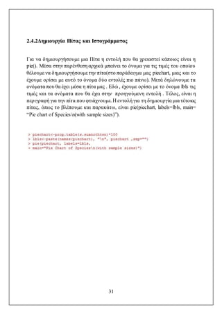 31
2.4.2Δημιουργία Πίτας και Ιστογράμματος
Για να δημιουργήσουμε μια Πίτα η εντολή που θα χρειαστεί κάποιος είναι η
pie(). Μέσα στην παρένθεση αρχικά μπαίνει το όνομα για τις τιμές του οποίου
θέλουμε να δημιουργήσουμε την πίτα(στο παράδειγμα μας piechart, μιας και το
έχουμε ορίσει με αυτό το όνομα δύο εντολές πιο πάνω). Μετά δηλώνουμε τα
ονόματα που θα έχει μέσα η πίτα μας . Εδώ , έχουμε ορίσει με το όνομα lbls τις
τιμές και τα ονόματα που θα έχει στην προηγούμενη εντολή . Τέλος, είναι η
περιγραφή για την πίτα που φτιάχνουμε.Η εντολή για τη δημιουργία μια τέτοιας
πίτας, όπως το βλέπουμε και παρακάτω, είναι pie(piechart, labels=lbls, main=
“Pie chart of Speciesn(with sample sizes)”).
 