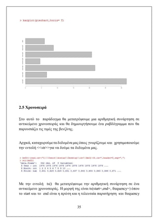 35
2.5 Χρονοσειρά
Στο αυτό το παράδειγμα θα μετατρέψουμε μια αριθμητική συνάρτηση σε
αντικείμενο χρονοσειράς και θα δημιουργήσουμε ένα ραβδόγραμμα που θα
παρουσιάζει τις τιμές της βενζίνης.
Αρχικά, καταχωρούμετα δεδομένα μας όπως γνωρίζουμε και χρησιμοποιούμε
την εντολή <<str>>για να δούμε τα δεδομένα μας.
Με την εντολή ts() θα μετατρέψουμε την αριθμητική συνάρτηση σε ένα
αντικείμενο χρονοσειράς. Η μορφή της είναι ts(start=,end=, frequency=) όπου
το start και το end είναι η πρώτη και η τελευταία παρατήρηση και frequency
 