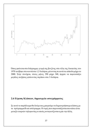 37
Όπως φαίνεται στο διάγραμμα, η τιμή της βενζίνης στα τέλη της δεκαετίας του
1970 ανέβηκε στο κοντά στο 1,5 δολάρια,μένοντας σε αυτά τα επίπεδα μέχρι το
2000. Στην συνέχεια, στους μήνες 290 μέχρι 340, άρχισε να παρουσιάζει
μεγάλες αυξήσεις φτάνοντας περίπου στα 3 δολάρια.
2.6 Εύρεση Κλάσεων, δημιουργία ιστογράμματος
Σε αυτό το παράδειγμα θα δούμε πως μπορούμε να δημιουργήσουμεκλάσεις με
το πρόγραμμαR και ιστόγραμμα. Οι τιμές που παρουσιάζονται πιο κάτω είναι
μεταξύ εταιριών τηλεφωνίαςοι οποίες ανταγωνίζονται η μία την άλλη.
 
