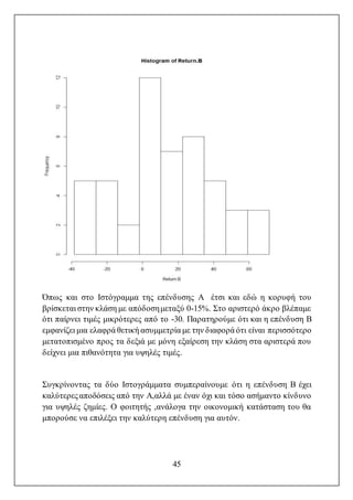 45
Όπως και στο Ιστόγραμμα της επένδυσης A έτσι και εδώ η κορυφή του
βρίσκεται στην κλάση με απόδοσημεταξύ 0-15%. Στο αριστερό άκρο βλέπαμε
ότι παίρνει τιμές μικρότερες από το -30. Παρατηρούμε ότι και η επένδυση B
εμφανίζει μια ελαφρά θετική ασυμμετρία με την διαφορά ότι είναι περισσότερο
μετατοπισμένο προς τα δεξιά με μόνη εξαίρεση την κλάση στα αριστερά που
δείχνει μια πιθανότητα για υψηλές τιμές.
Συγκρίνοντας τα δύο Ιστογράμματα συμπεραίνουμε ότι η επένδυση B έχει
καλύτερεςαποδόσεις από την A,αλλά με έναν όχι και τόσο ασήμαντο κίνδυνο
για υψηλές ζημίες. Ο φοιτητής ,ανάλογα την οικονομική κατάσταση του θα
μπορούσε να επιλέξει την καλύτερη επένδυση για αυτόν.
 