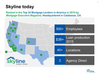 Skyline today
Hawaii
500+
$3B+
40+
3
Employees
Loan production
2015
Locations
Agency Direct
Ranked in the Top 35 Mortgage Lenders in America in 2015 by
Mortgage Executive Magazine, Headquartered in Calabasas, CA
9
 
