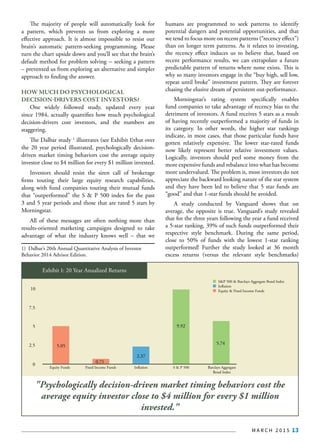 M A R C H 2 0 1 5 13
The majority of people will automatically look for
a pattern, which prevents us from exploring a more
effective approach. It is almost impossible to resist our
brain’s automatic pattern-seeking programming. Please
turn the chart upside down and you’ll see that the brain’s
default method for problem solving -- seeking a pattern
– prevented us from exploring an alternative and simpler
approach to finding the answer.
HOW MUCH DO PSYCHOLOGICAL
DECISION-DRIVERS COST INVESTORS?
One widely followed study, updated every year
since 1984, actually quantifies how much psychological
decision-drivers cost investors, and the numbers are
staggering.
The Dalbar study 1
illustrates (see Exhibit I)that over
the 20 year period illustrated, psychologically decision-
driven market timing behaviors cost the average equity
investor close to $4 million for every $1 million invested.
Investors should resist the siren call of brokerage
firms touting their large equity research capabilities,
along with fund companies touting their mutual funds
that “outperformed” the S & P 500 index for the past
3 and 5 year periods and those that are rated 5 stars by
Morningstar.
All of these messages are often nothing more than
results-oriented marketing campaigns designed to take
advantage of what the industry knows well – that we
1) Dalbar’s 20th Annual Quantitative Analysis of Investor
Behavior 2014 Advisor Edition.
humans are programmed to seek patterns to identify
potential dangers and potential opportunities, and that
we tend to focus more on recent patterns (“recency effect”)
than on longer term patterns. As it relates to investing,
the recency effect induces us to believe that, based on
recent performance results, we can extrapolate a future
predictable pattern of returns where none exists. This is
why so many investors engage in the “buy high, sell low,
repeat until broke” investment pattern. They are forever
chasing the elusive dream of persistent out-performance.
Morningstar’s rating system specifically enables
fund companies to take advantage of recency bias to the
detriment of investors. A fund receives 5 stars as a result
of having recently outperformed a majority of funds in
its category. In other words, the higher star rankings
indicate, in most cases, that those particular funds have
gotten relatively expensive. The lower star-rated funds
now likely represent better relative investment values.
Logically, investors should peel some money from the
more expensive funds and rebalance into what has become
more undervalued. The problem is, most investors do not
appreciate the backward looking nature of the star system
and they have been led to believe that 5 star funds are
“good” and that 1-star funds should be avoided.
A study conducted by Vanguard shows that on
average, the opposite is true. Vanguard’s study revealed
that for the three years following the year a fund received
a 5-star ranking, 39% of such funds outperformed their
respective style benchmark. During the same period,
close to 50% of funds with the lowest 1-star ranking
outperformed! Further the study looked at 36 month
excess returns (versus the relevant style benchmarks)
"Psychologically decision-driven market timing behaviors cost the
average equity investor close to $4 million for every $1 million
invested."
Exhibit I: 20 Year Anualized Returns
10
7.5
2.5
5
0
Equity Funds Fixed Income Funds Inflation S & P 500
S&P 500 & Barclays Aggregate Bond Index
Inflation
Equity & Fixed Income Funds
Ba
5.05
0.71
2.37
9.92
Exhibit I: 20 Year Anualized Returns
10
7.5
2.5
5
0
Equity Funds Fixed Income Funds Inflation S & P 500
S&P 500 & Barclays Aggregate Bond Index
Inflation
Equity & Fixed Income Funds
Barclays Aggregate
Bond Index
5.05
0.71
2.37
9.92
5.74
 