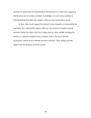 110
meaning we cannot reject the null hypothesis that the process is white noise, suggesting
that the errors are not serially correlated. Accordingly, we can be fairly confident in
inferring that the Gini index has a negative effect on voter turnout that is causal.
In short, these results suggest that national income inequality, as measured by the
Gini index, has a substantially negative effect on voter turnout in Canadian national
elections. Further the effect of the Gini is larger than any other variable, including the
control, i.e., electoral competitiveness, economic context, the rate of national
unionization, and the level of absolute economic resources. These findings provide
support only for the theory of relative power.
 